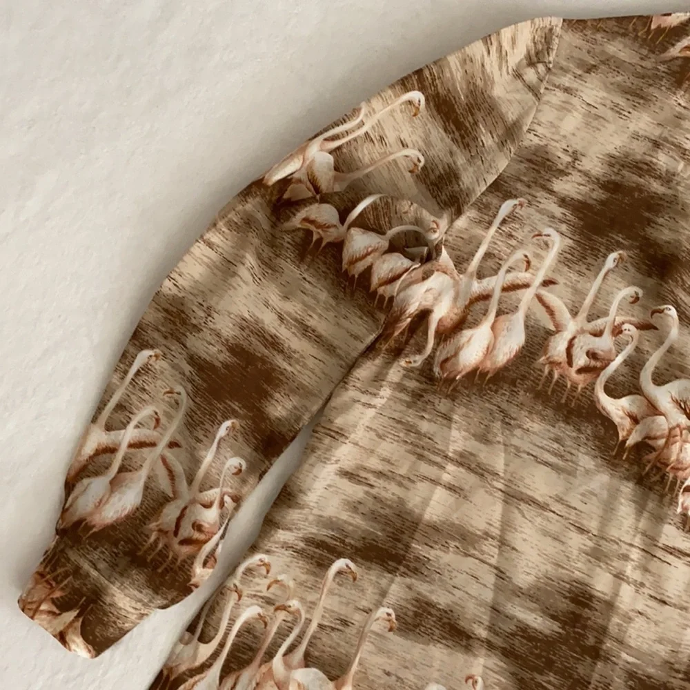 {VTG} Alex Colman Sportswear | 70s Flamingo Print Lightweight LS Pullover Blouse - Picture 4 of 16